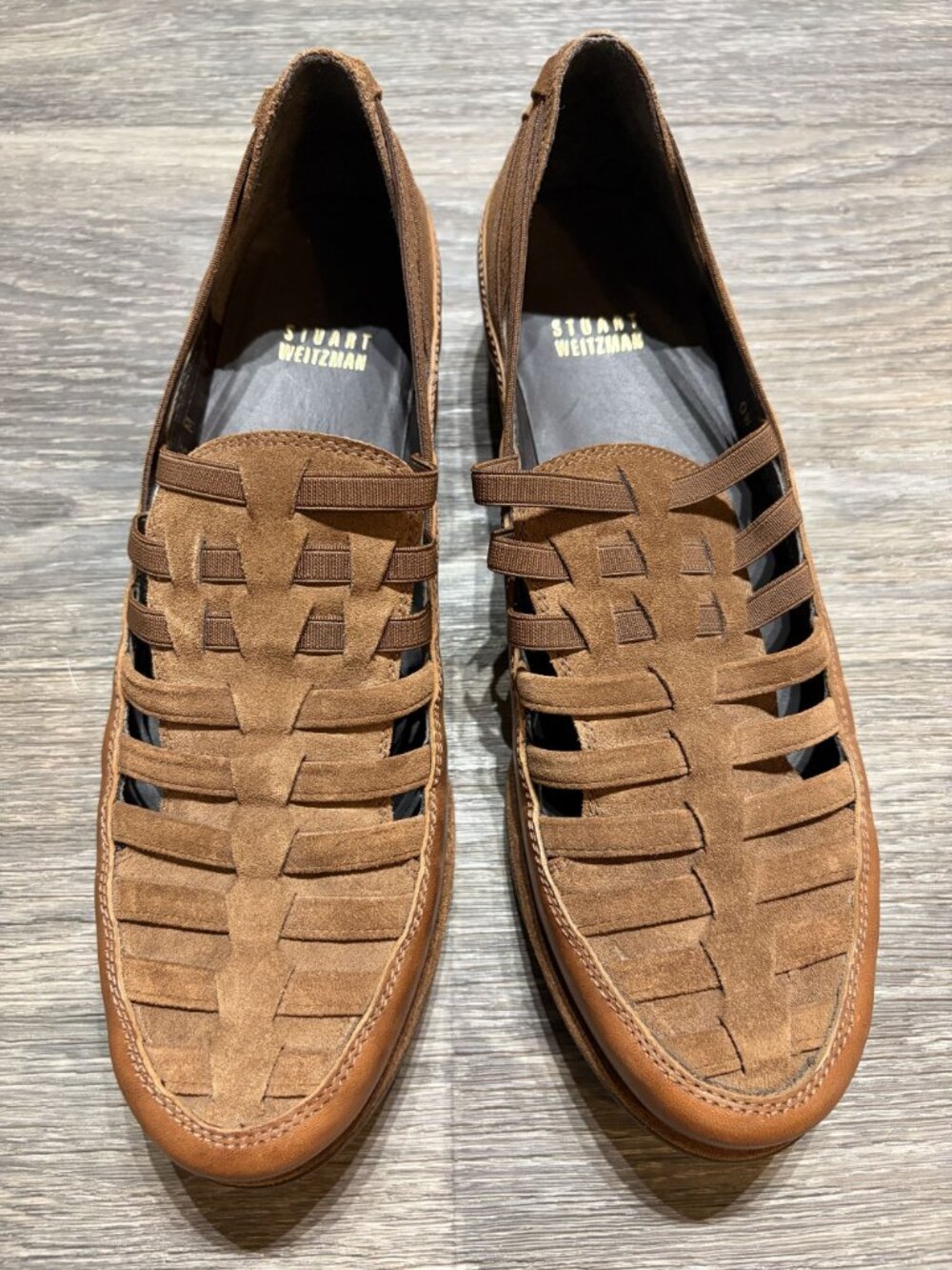 Stuart Weitzman Brown Suede Leather Woven Slip On Loafers 7.5 Boho Minimalist